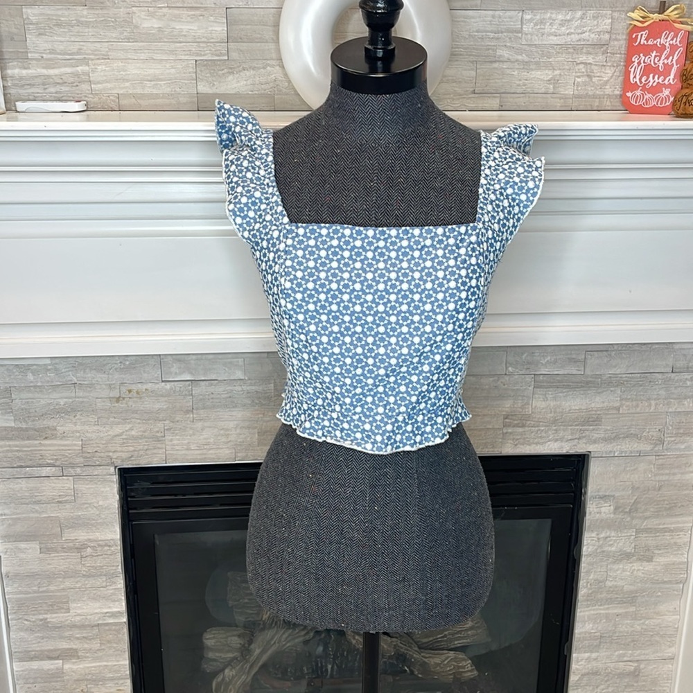 Kirious Eyelet Ruffle Sleeveless Tie Back Blouse Top Blue Boho Large